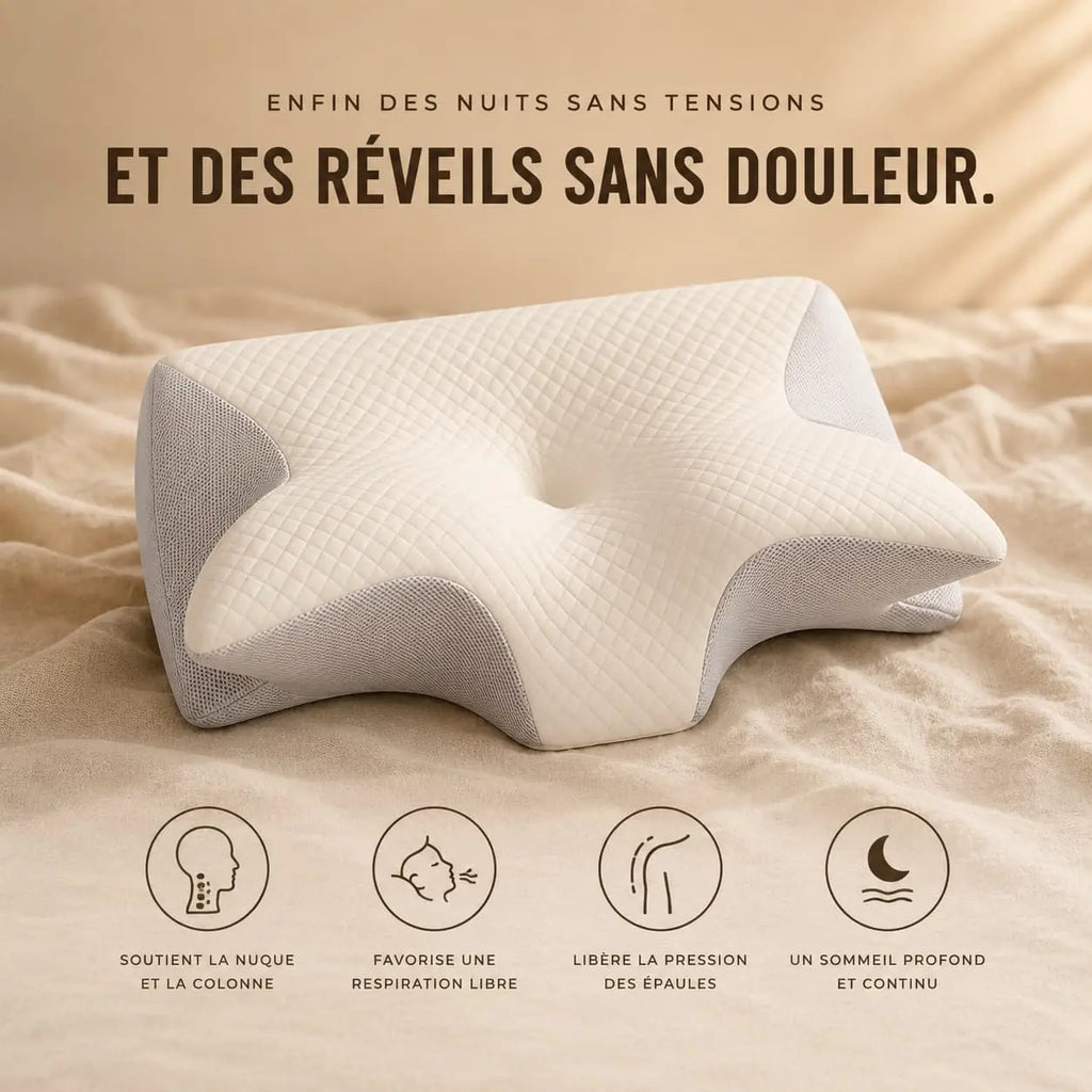 Femme détendue serrant l'oreiller ergonomique Ovéa à mémoire de forme contre sa joue