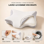 Oreiller ergonomique papillon Ovéa vue trois quarts — creux central et panneaux latéraux en mesh 3D gris