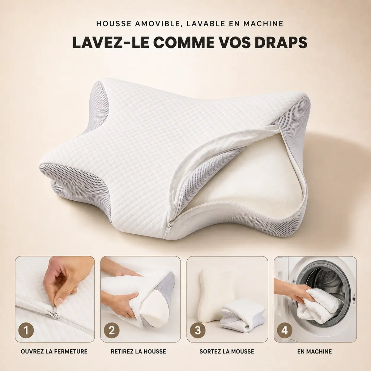 Oreiller ergonomique papillon Ovéa vue trois quarts — creux central et panneaux latéraux en mesh 3D gris