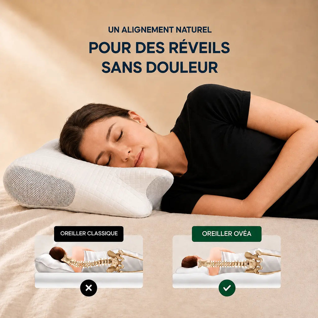 Vue du dessus d'un couple tête à tête sur l'oreiller à mémoire de forme Ovéa