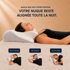 Zones de soutien de l'oreiller ergonomique Ovéa : extension cervicale, tête, bras, tissu respirant