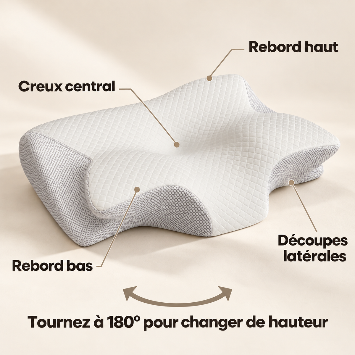 Guide Ovéa : rebord bas à l'avant, rebord haut à l'arrière, creux central et découpes latérales. Tournez l'oreiller à 180° pour changer de hauteur.